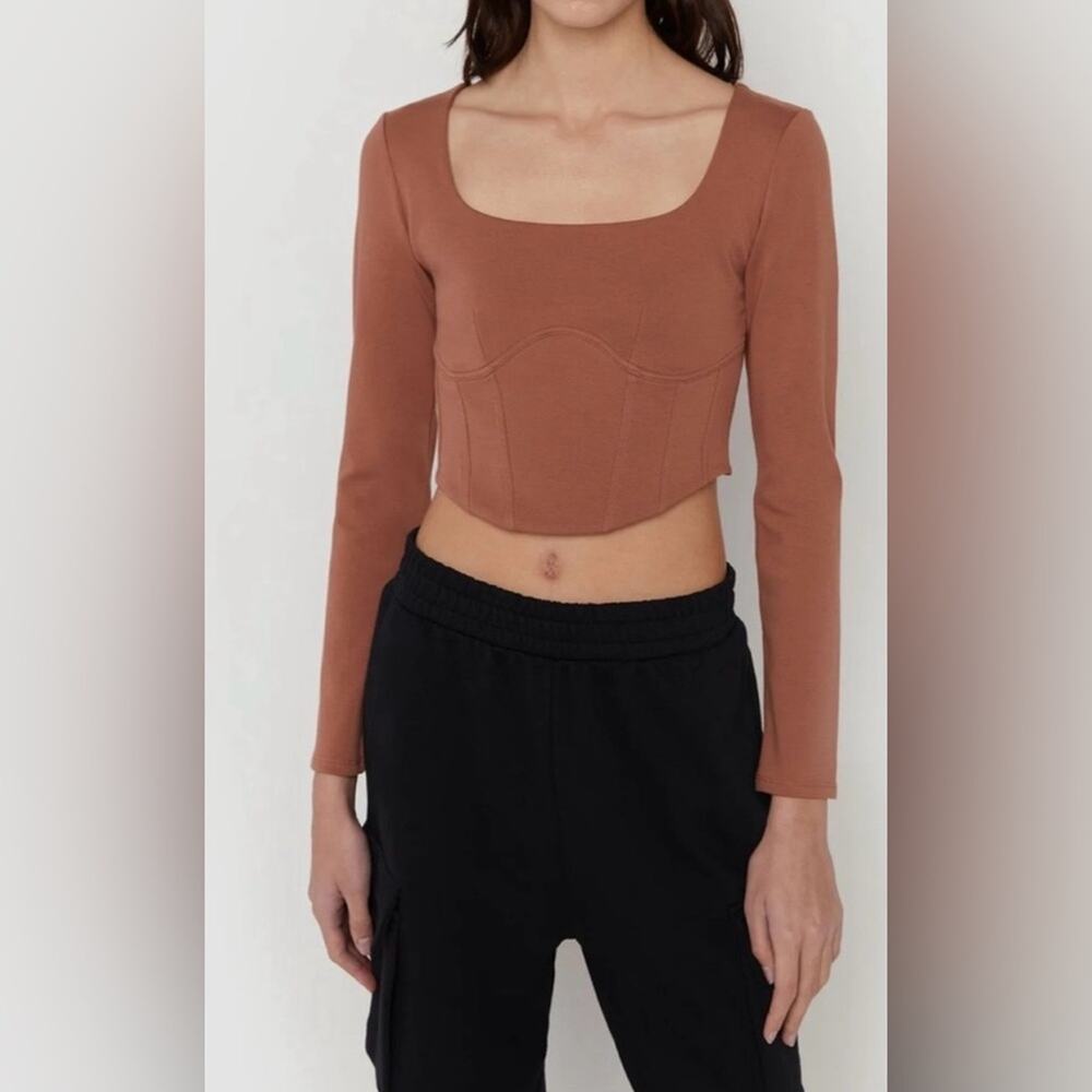 Oak + Fort Corset Seam Long Sleeve Top Brown Cropped Fitted Size S